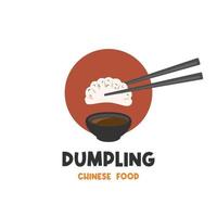 logotipo de ilustración vectorial dumpling dim sum jaozi listo para comer con palillos y salsa vector