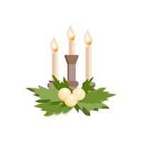 Candlestick, hand-drawn in a flat style. Decor. Burning three candles. Christmas. Spruce branches with holiday balls. Vector simple illustration