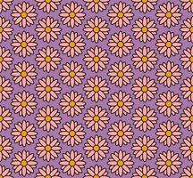 groovy background. Seamless bright repeat pattern of simple blooming flowers in 1970s psychedelic hippie style. graphic decor ornament in retro design. vector illustration