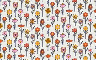 groovy background. Seamless bright repeat pattern of simple blooming flowers in 1970s psychedelic hippie style. graphic decor ornament in retro design. vector illustration