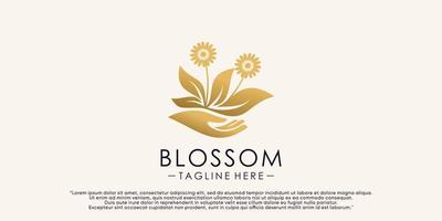 Creative floral blossom logo design template with hand and leaf element Premium Vector