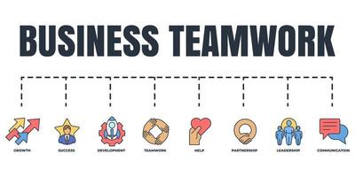 conjunto de iconos web de banner de trabajo en equipo de negocios. ayuda, crecimiento, desarrollo, comunicación, asociación, trabajo en equipo, liderazgo, concepto de ilustración vectorial de éxito. vector