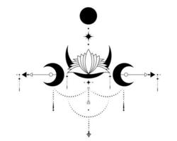 luna triple, geometría sagrada, flechas místicas y luna creciente, flor de loto sacro, líneas punteadas en estilo boho, icono wiccan, signo mágico místico esotérico de alquimia. vector aislado sobre fondo blanco