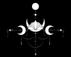 Triple Moon, Sacred Geometry, mystical arrows and crescent moon, Sacral Lotus Flower, dotted lines in boho style, wiccan icon, alchemy esoteric mystical magic sign. vector isolated on black background