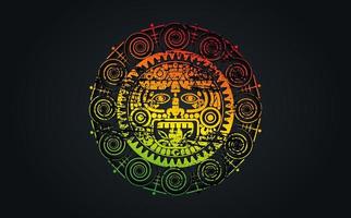 Ancient Sacred Mayan sun god, Aztec wheel calendar, Maya symbols ethnic mask. Psychedelic round frame border old logo icon. Grunge Mandala vector illustration isolated on black background