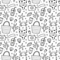 Cute seamless pattern with summer doodles - beach bikini, wicker bag, sunscreen, photo camera, crabs and seashells. Vector hand-drawn illustration. Perfect for print, wrapping paper, wallpaper, decor.