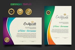 Modern certificate template with dynamic colorful waving shape on  ornament  pattern background vector