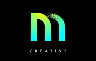 Letter M Logo Icon Design with Rounded Shape and Artistic Brush Stroke Ending and Green Blue Electric Color Vector