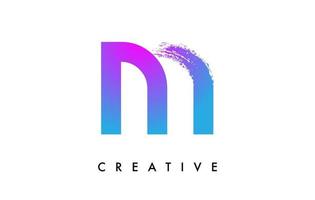 Purple Blue Letter M Logo Icon Design with Rounded Shape and Artistic Brush Stroke Ending and Green Blue Electric Color Vector