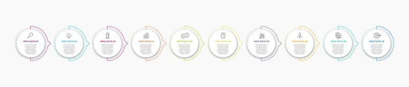 Business Infographics template. Timeline with 10 steps, options and marketing icons .Vector linear infographic with two circle conected elements. Can be use for presentation. vector