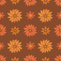 60s, 70s background. Groovy daisies flowers. Chess floral ornament on brown background. Vintage style seamlees pattern. Hand draw vector illustration. Autumn colors.