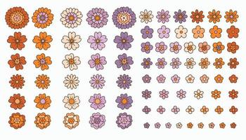 60s 70s groovy flowers set element in vintage hippie aesthetics isolated on a white background. Rainbow daisies drawn by hand. Floral design in a retro style. vector