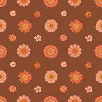 60s, 70s groovy daisy flowers seamless pattern, retro style. Pink flowers on a brown background. Vector illustration.