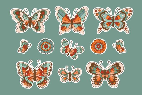 70s Butterflies and flowers stickers collection in vintage style. Set of isolated insects vector illustration.