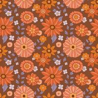 Patrón sin costuras de flores de los años 70. maravillosa flor de daisi. estética hippie, estilo vintage, colores otoñales. girasoles y dalias con follaje morado. diseño textil retro, ilustración vectorial. bohemio chic. vector