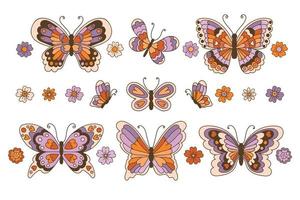 Set of retro butterflies in 60s 70s style isolated on white background vector illustration.