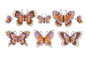 Retro 60s 70s Hippie Summer Groovy Butterfly set element hand drawn vector illustration.