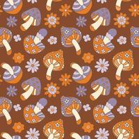 70s groovy mushrooms, daisy flowers seamless background. Vector illustration. Retro ornament in a hippie style. Orange and purple fly agarics on a brown background. Boho Halloween, Autumn Magic.