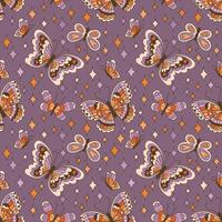 Boho 70s 60s Hippie Summer Groovy Butterfly vector seamless pattern. Vintage magical colored butterflies with sparkly stars on a purple background. Hand-drawn vector illustration.