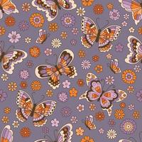 Groovy butterfly and daisy flovers seamless pattern. Vector repeat 70s background with fall colors in a retro hippie aesthetic.