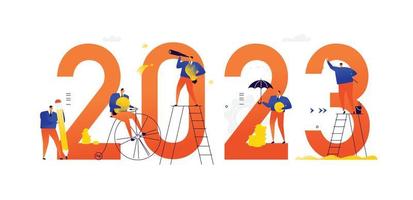 Office staff are preparing to meet the new year 2023. Vector illustration. Cartoon characters repair the numbers. Image is isolated on white background. Flat illustration for banner and site.