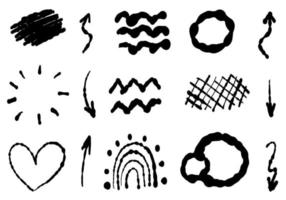 colección de garabatos negros, flechas, elementos, dibujados a mano. conjunto de bocetos aislado para la lista de tareas pendientes. vector
