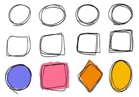 Scribble frames multicoloured set, hand drawn. Cute lines with circles, square collection. vector