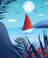 Vector illustration postcard poster summer landscape tourism nature yacht sail in the tropics