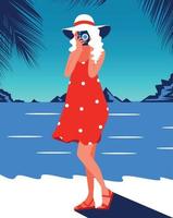 ilustración vectorial chica de paleta de color azul en verano con un vestido rojo y un sombrero con una cámara descansando de vacaciones en la playa y fotografiando la naturaleza y las palmeras