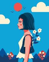 The character of a young woman walks in the park on a blue sky and mountain background. Human life, summer activity. Cartoon flat vector pink and blue color palette