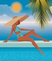 Digital illustration of a girl in a bikini and a big hat with brim is resting in the summer on vacation, swimming and sunbathing in the pool against the background of the ocean sea and palm trees