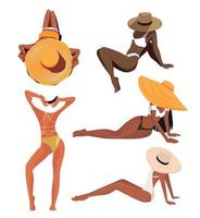 Digital illustration of a set of beautiful girls of different skin colors in different poses, relaxing on the beach in summer in beautiful swimsuits vector