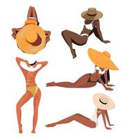 ilustración digital de un conjunto de hermosas chicas de diferentes colores de piel en diferentes poses, relajándose en la playa en verano en hermosos trajes de baño vector