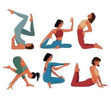 Digital illustration set of a girl doing yoga in various poses vector