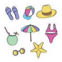 Bright beautiful stickers and icons on the theme of the beach summer swimsuit hat slates umbrella