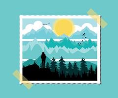 Vector illustration of a landscape of mountains and forests silhouette of a man in a retro style in a frame in gentle blue blue yellow shades of color on a blue background