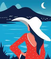 Vector illustration of a girl in a hat in the summer on vacation walks along the beach, the ocean looks at the mountains and the city in the distance with the moon
