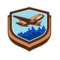 Vintage Airplane Take Off Cityscape Shield Retro vector