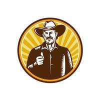 Cowboy Thumbs Up Sunburst Circle Woodcut vector