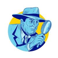 Detective Holding Magnifying Glass Circle Drawing vector