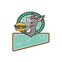 Donkey Mascot Serve Burger Rectangle Oval Retro vector