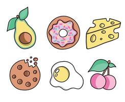 Icons sticker stickers stickers on the theme of food healthy food avocado fruit fast food cake sweets suitable for app banner or website vector