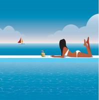 ilustración vectorial chica de vacaciones en los trópicos exóticos descansa y toma el sol en la piscina bebe un cóctel de coco mira el océano y el barco vector