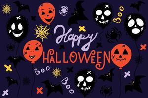 Vector illustration set of vector elements Halloween party holiday balloons pumpkin bat spiders on dark purple background