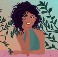 Digital illustration portrait character beautiful curly girl enjoy life and admire nature in spring and green leaves vector