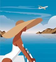 Digital illustration background blue and white landscape mountains and flying plane over the sea girl model in a big fashionable hat and swimsuit resting in summer on vacation vector