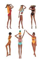 Digital illustration set of beautiful slender girls in summer on the beach on vacation in swimsuits and bikinis vector