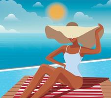 ilustración digital de una chica con un sombrero de vacaciones en verano tomando el sol bajo el sol brillante junto a la piscina con vistas al océano vector
