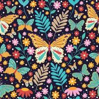Digital illustration pattern of bright beautiful butterflies flowers and plants on a dark background vector