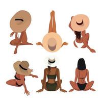 Digital illustration set of a girl in hats in a bikini in different poses sitting on the beach vector